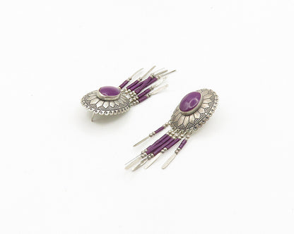 SOUTHWESTERN 925 Silver Vintage Sugilite Etched Detail Dangle Earrings EG9301