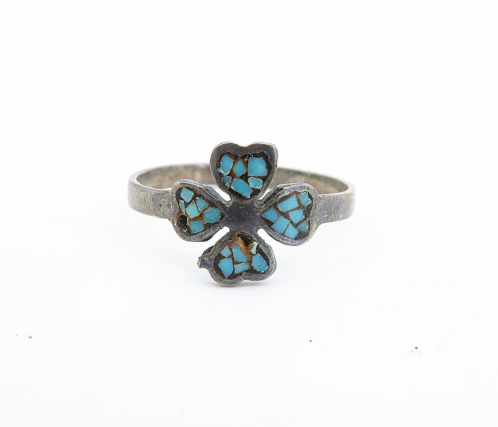 SOUTHWESTERN 925 Silver Vintage Turquoise Clover Band Ring Sz 6.5 RG5515