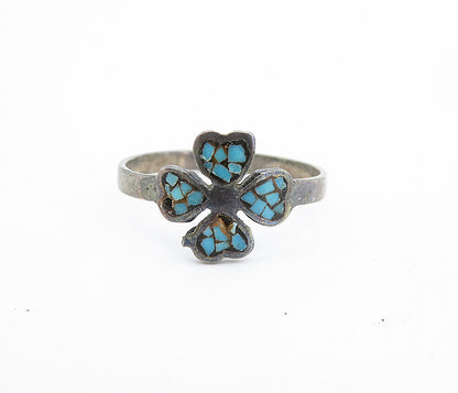 SOUTHWESTERN 925 Silver Vintage Turquoise Clover Band Ring Sz 6.5 RG5515