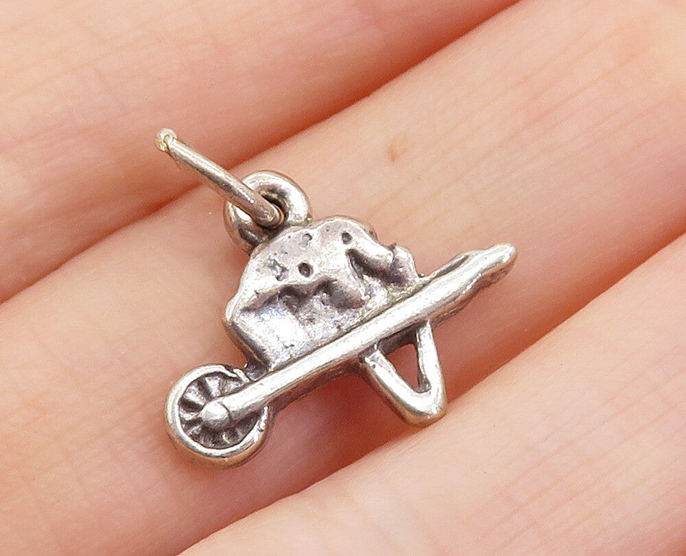 925 Sterling Silver  Vintage Petite Dark Tone Wheel Barrow Pendant  PT5261