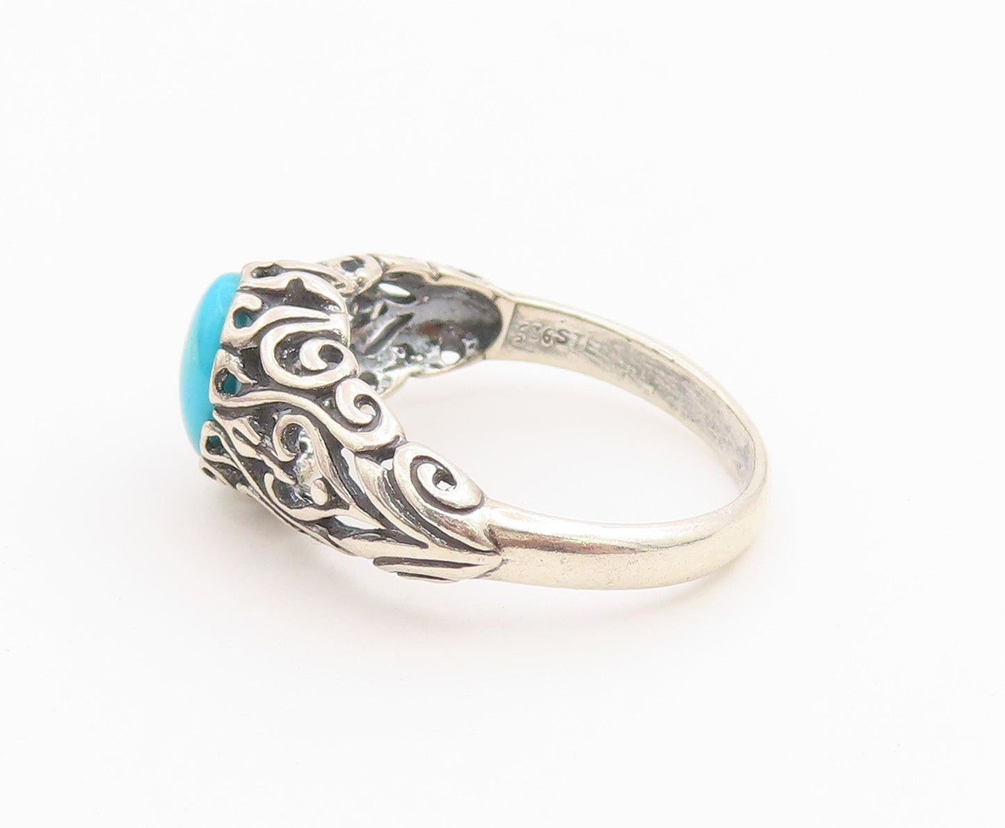 925 Sterling Silver Vintage Ring Cabochon Turquoise Openwork Band  Sz 7  RG36675