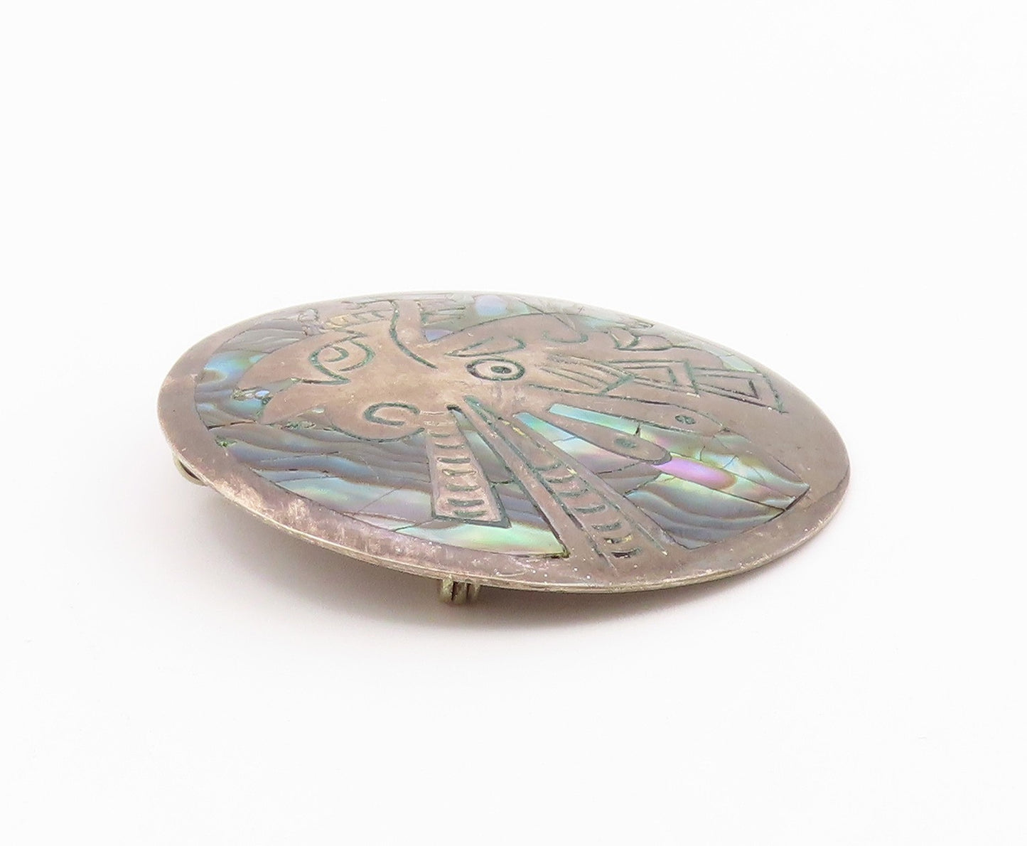 MEXICO 925 Sterling Silver  Vintage Abalone Shell Warrior Brooch Pin  BP3549