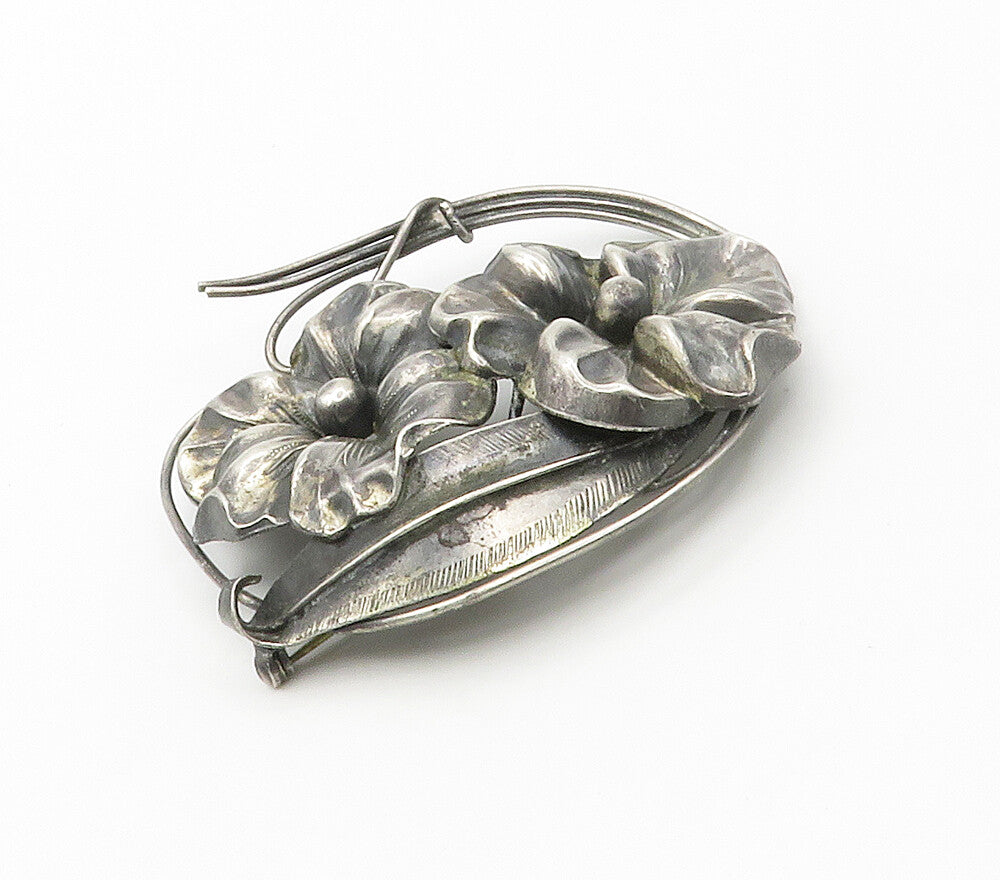 925 Sterling Silver  Vintage Dark Tone Flowers Etched Detail Brooch Pin BP5938