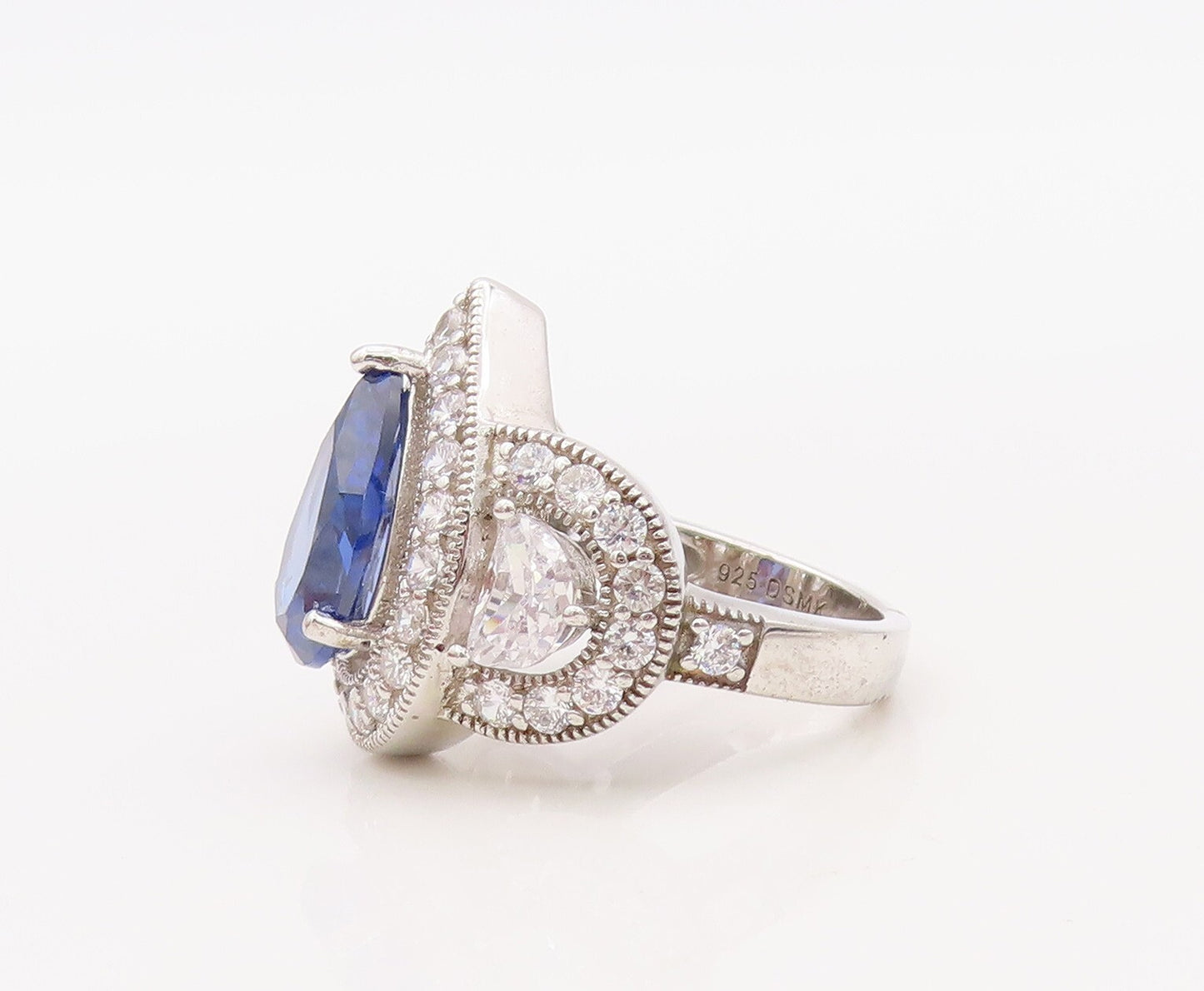 925 Sterling Silver Vintage Ring Drop Cut Sapphire Halo CZ Inlay  Sz 7  RG30657