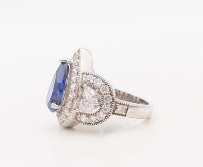925 Sterling Silver Vintage Ring Drop Cut Sapphire Halo CZ Inlay  Sz 7  RG30657