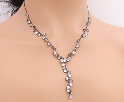925 Sterling Silver Vintage Necklace Round CZ Dark Tone Lariat Chain  NE4864