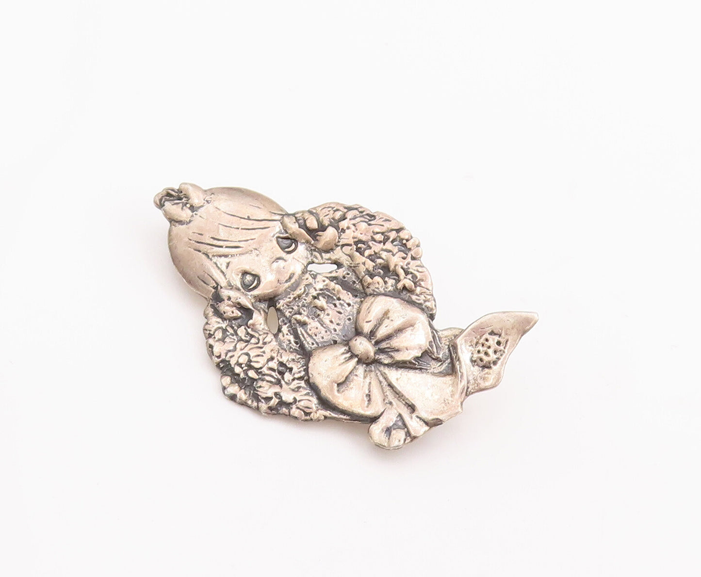 925 Sterling Silver Vintage Brooch Pin Cute Solid Carved Little Girl  BP10983