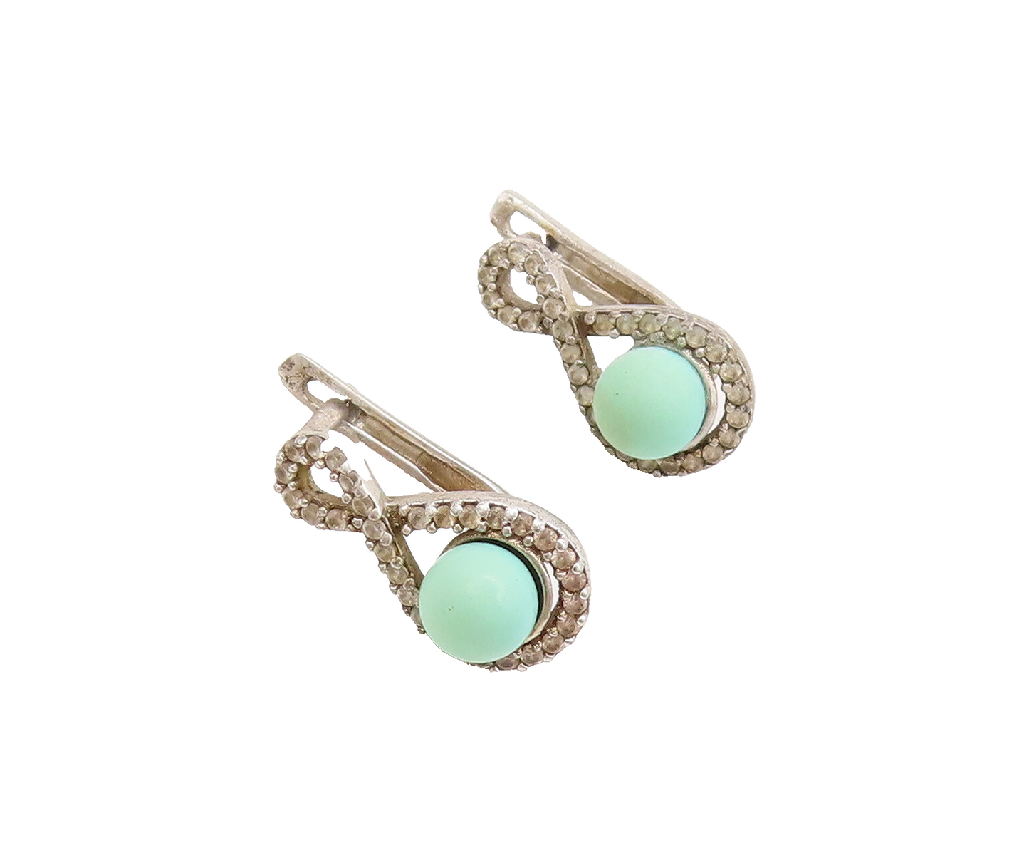 925 Silver  Vintage Pastel Green Cabochon Pulled CZ Infinity Earrings  EG12602