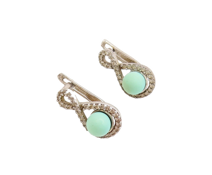 925 Silver  Vintage Pastel Green Cabochon Pulled CZ Infinity Earrings  EG12602