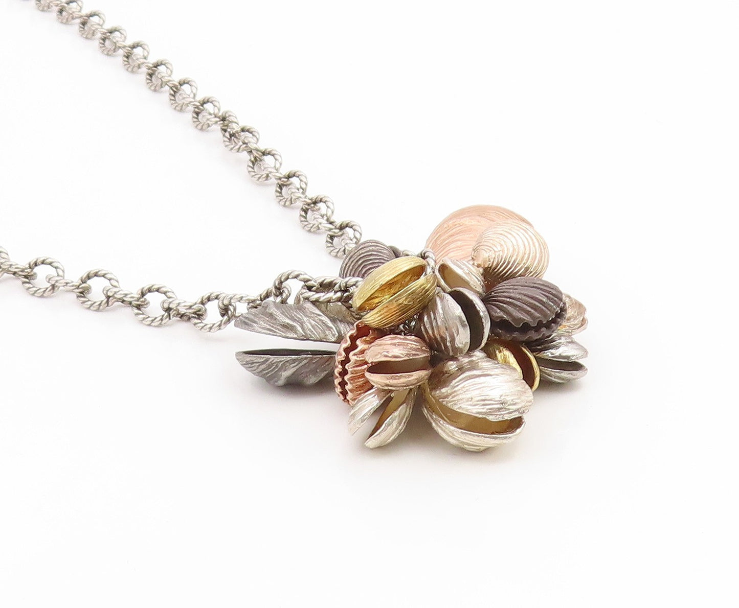 925 Sterling Silver Vintage Necklace Multi Tone Sea Shell Cluster Chain  NE4818