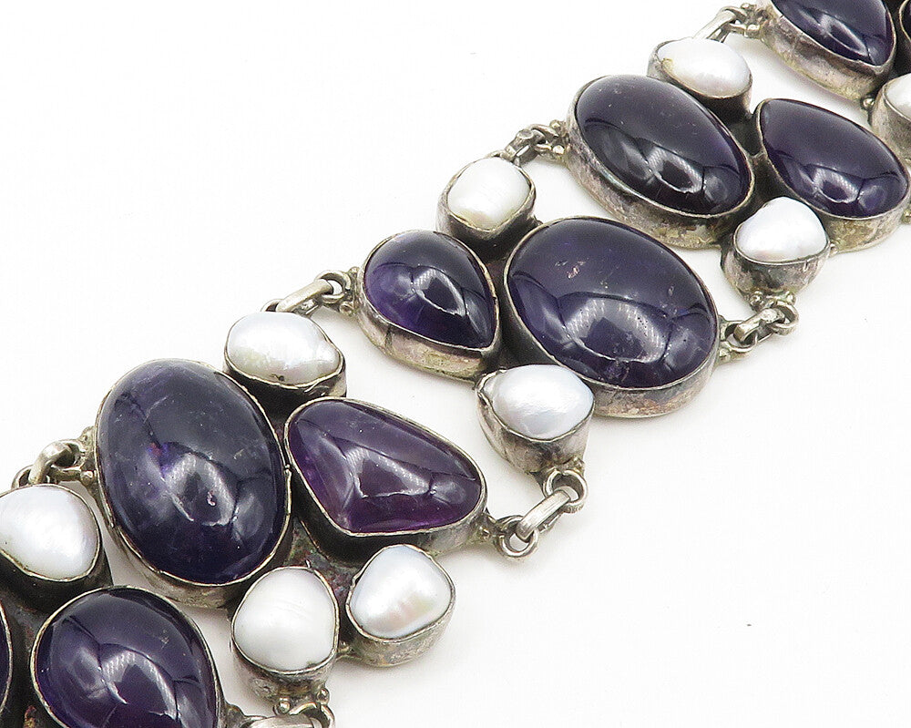 925 Sterling Silver  Vintage Amethyst & Mother Of Pearl Chain Bracelet  BT7290