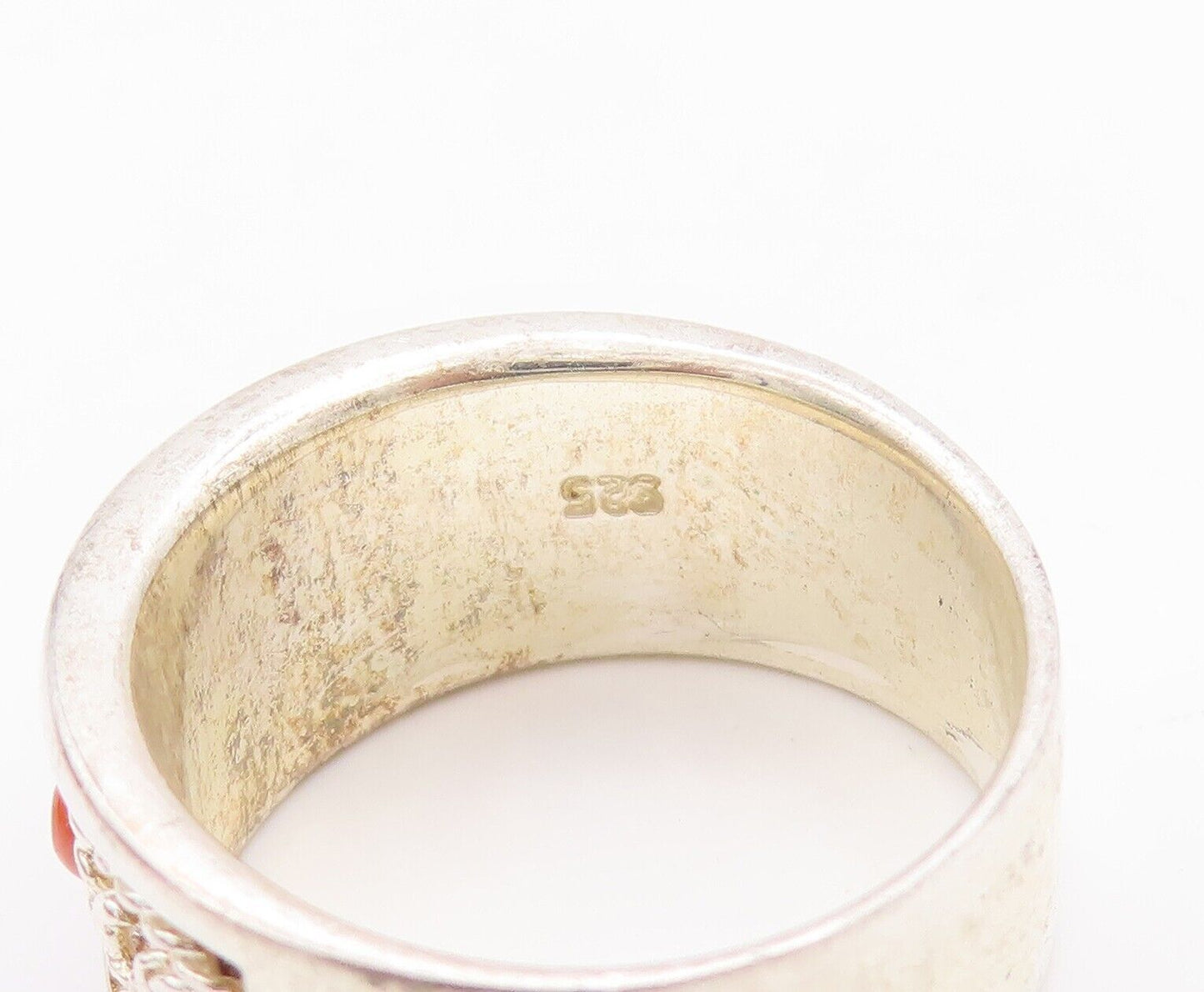 925 Sterling Silver Vintage Ring Rope Carved Orange Gemstone  Sz 7.5  RG28621