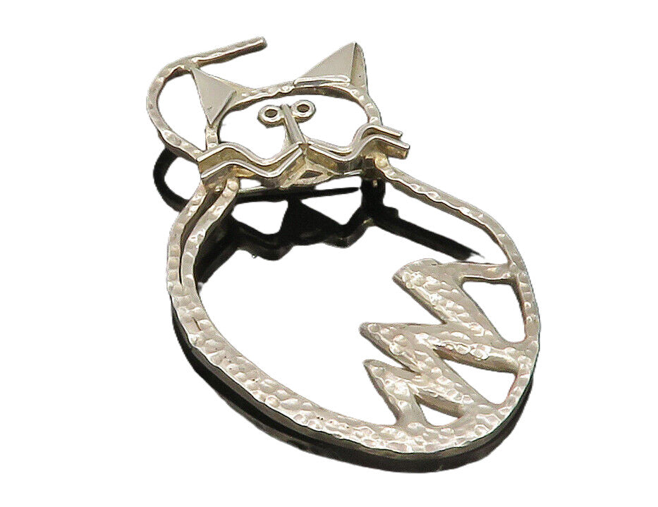 CARSI MEXICO 925 Sterling Silver  Vintage Shiny Hammered Cat Brooch Pin BP4508