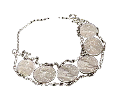 925 Sterling Silver  Vintage Double Chain Carved Coin Motif Bracelet  BT9547