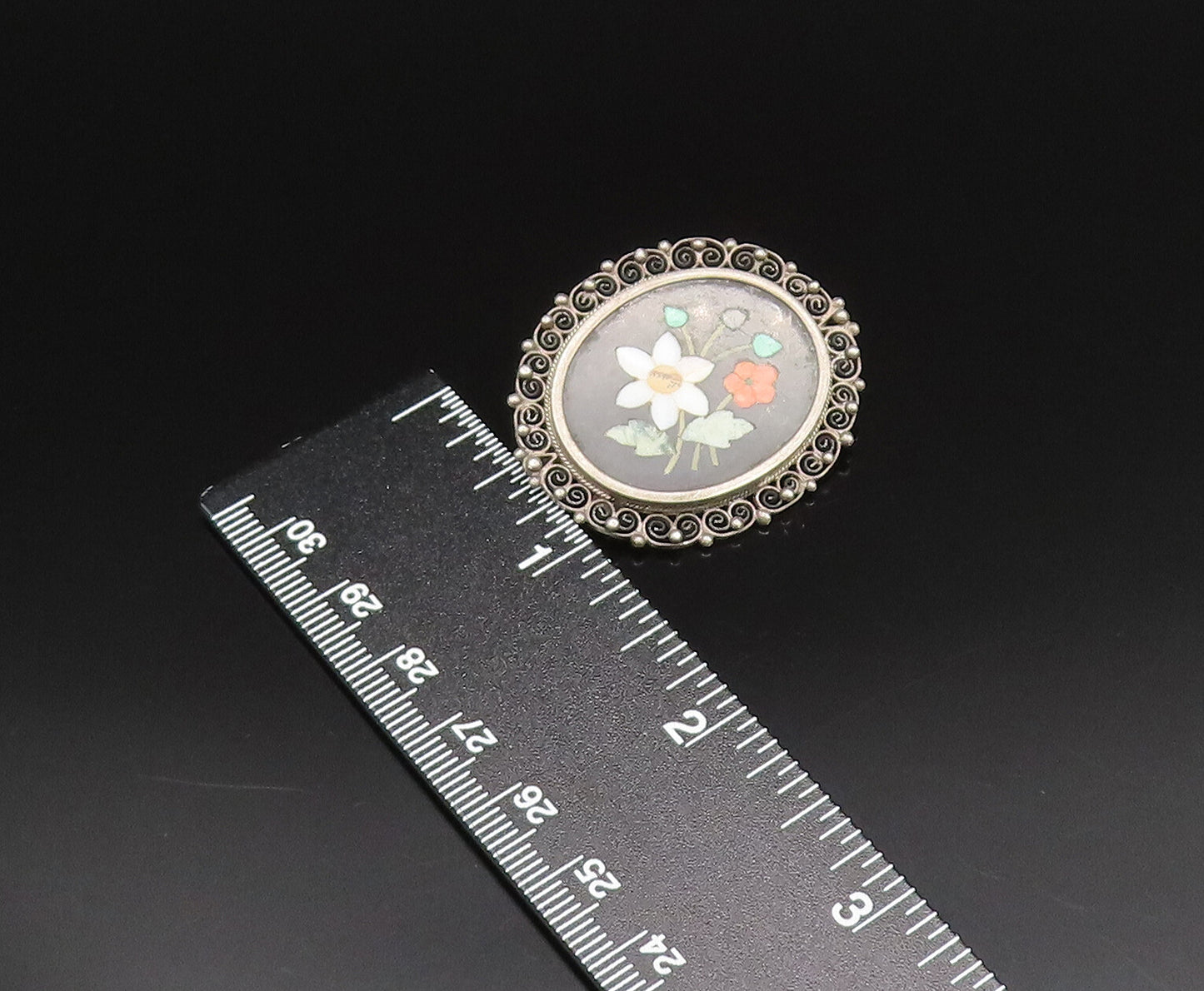 925 Sterling Silver  Vintage Spiral Twist Edge Floral Mosaic Brooch Pin BP9693