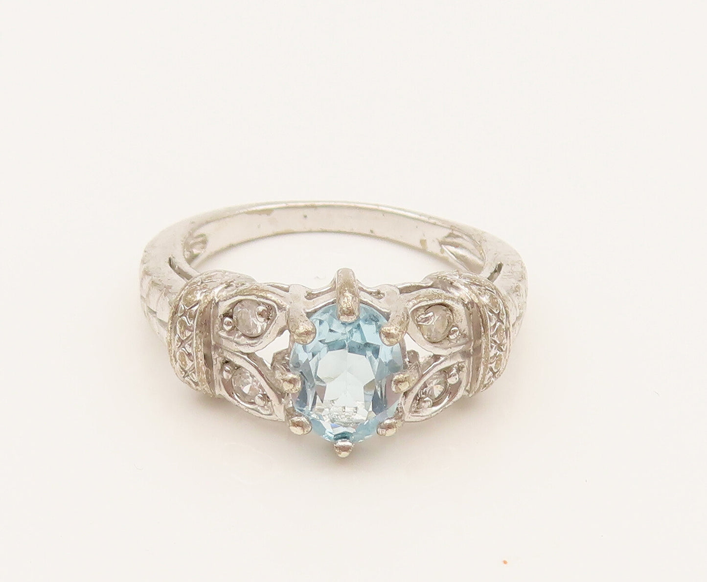 925 Silver  Vintage Fancy Blue & White Topaz Leaf Shank Ring Sz 6.75  RG26281