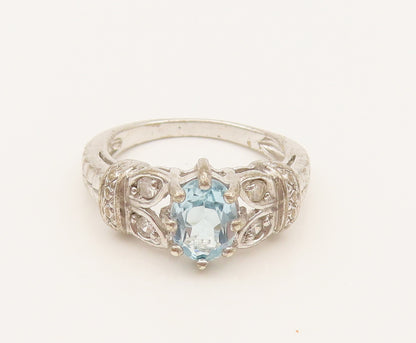 925 Silver  Vintage Fancy Blue & White Topaz Leaf Shank Ring Sz 6.75  RG26281