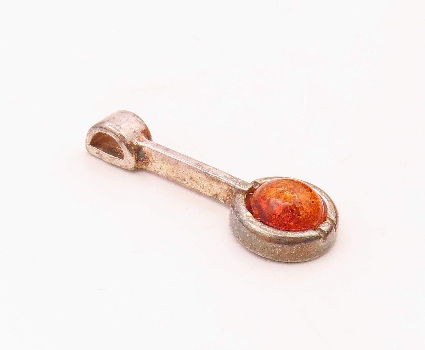925 Sterling Silver Vintage Cabochon Baltic Amber Linear Drop Pendant PT21426
