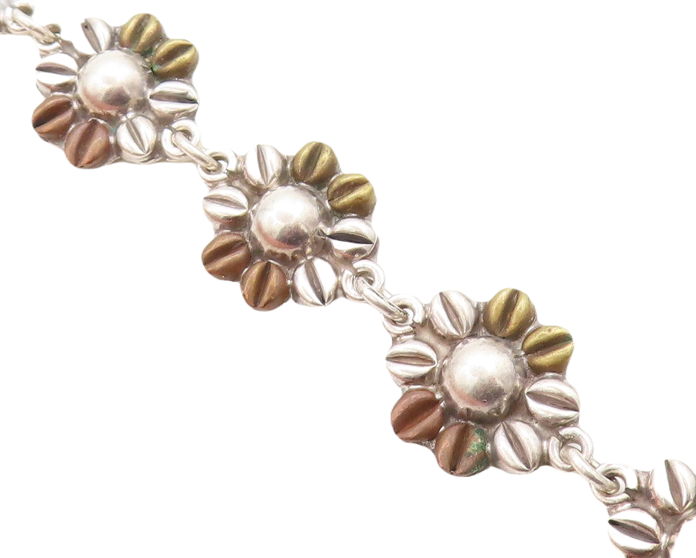MEXICO 925 Sterling Silver  Vintage 2 Tone Flower Link Chain Bracelet  BT1895