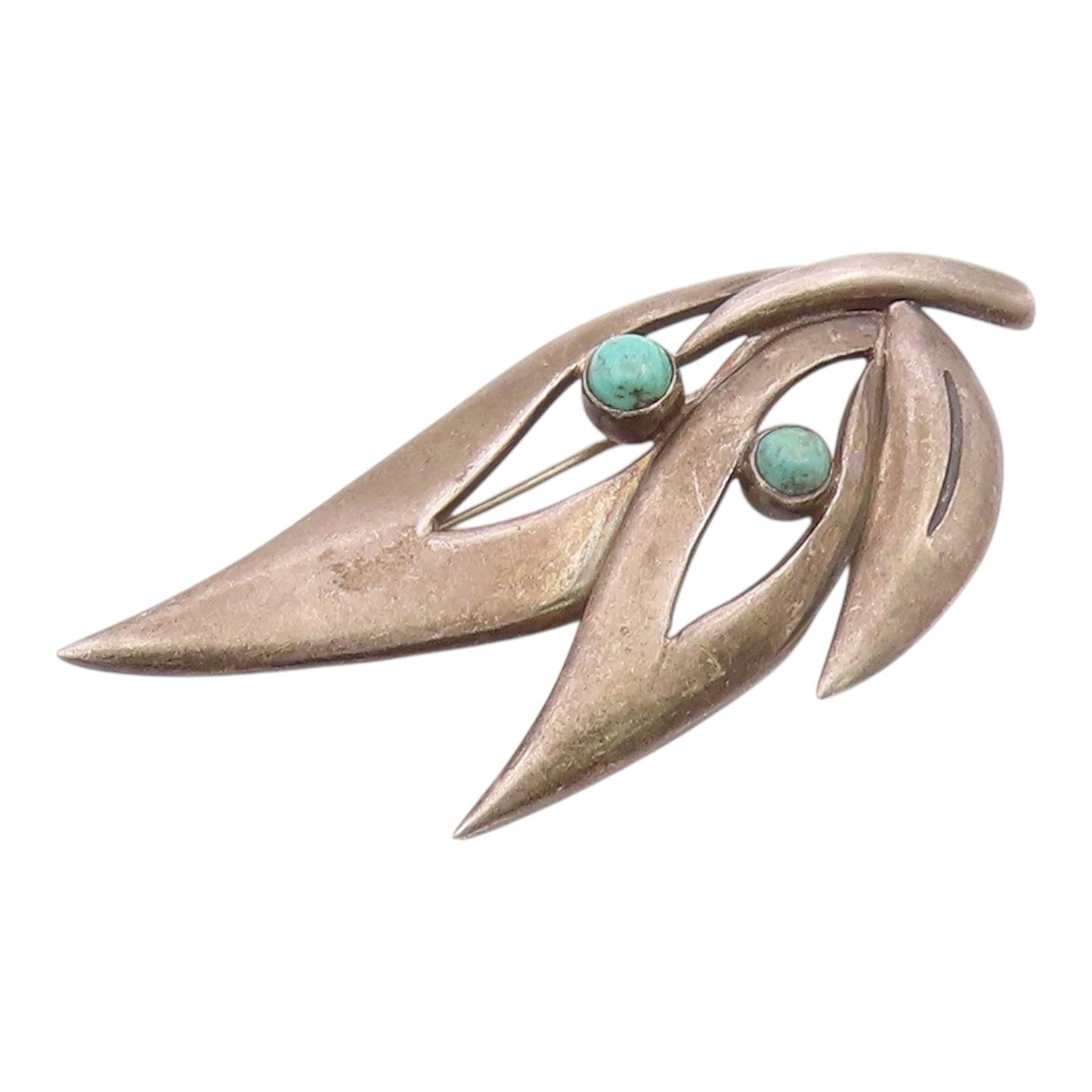 MEXICO 925 Silver  Vintage Tri Cutout Leaf Beaded Turquoise Brooch Pin BP10398