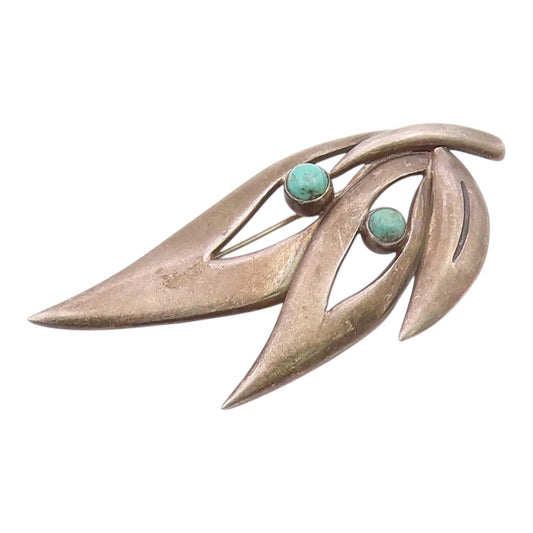 MEXICO 925 Silver  Vintage Tri Cutout Leaf Beaded Turquoise Brooch Pin BP10398