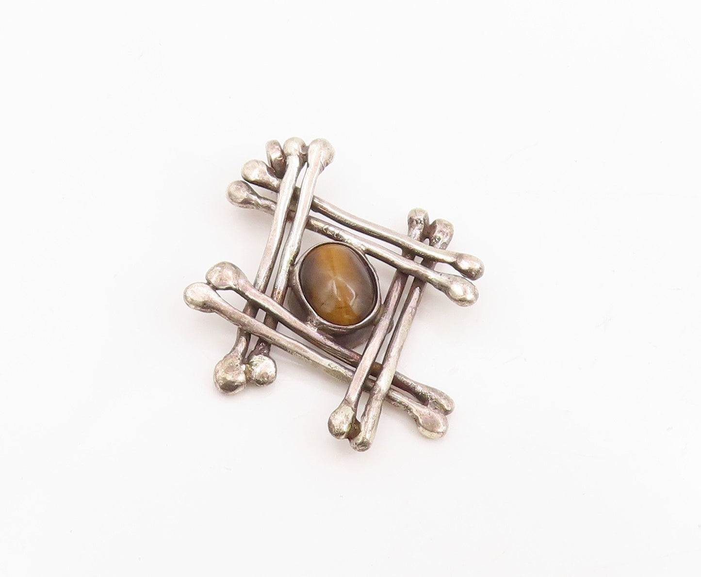 925 Sterling Silver Vintage Pendant Cabochon Tiger's Eye Modernist Grid  PT25442