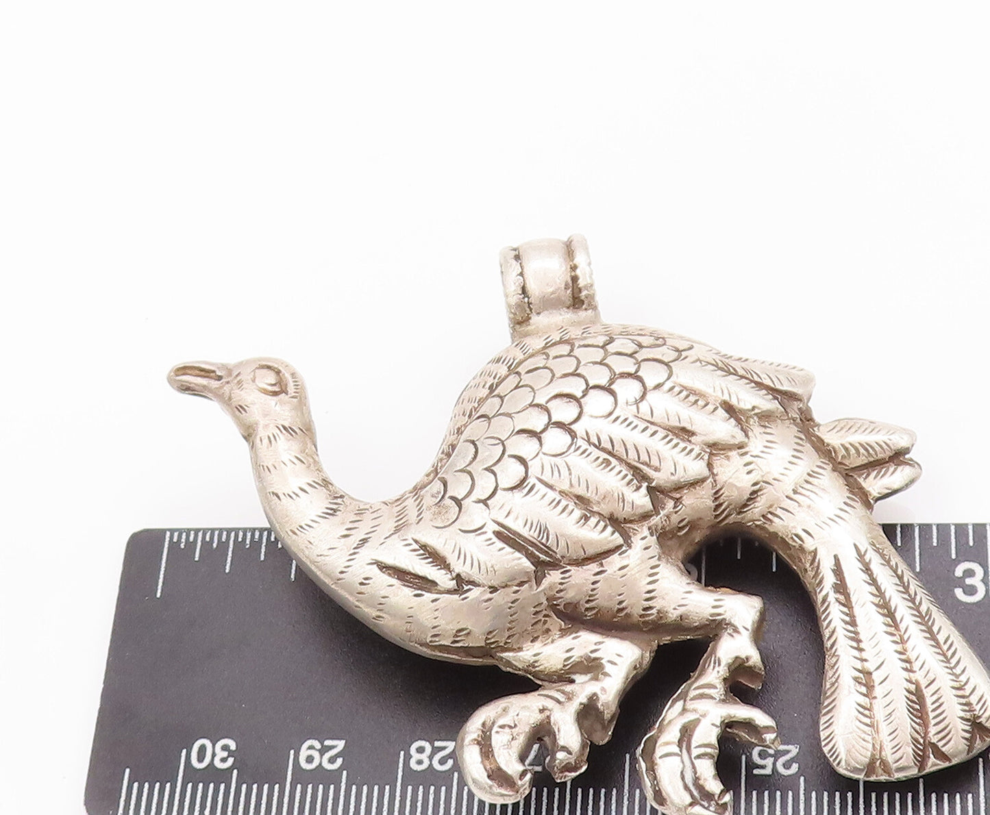 925 Sterling Silver Vintage Pendant Solid Puffed Carved Large Peacock  PT22934