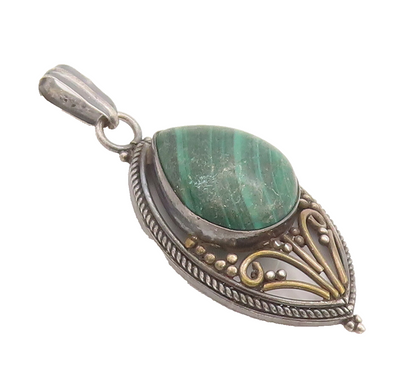 925 Sterling Silver Vintage Pendant Swirly Carved Drop Shape Malachite  PT22562