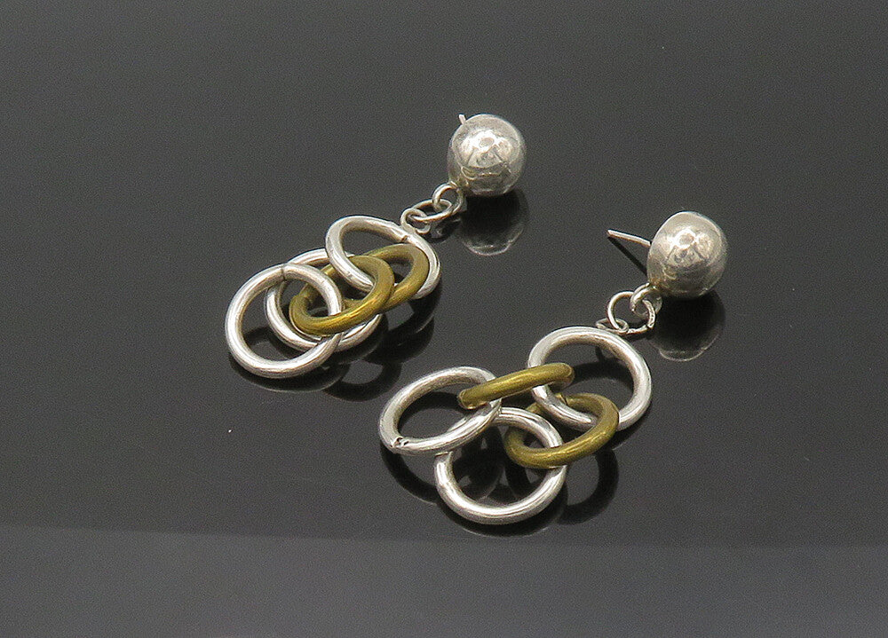 925 Sterling Silver  Vintage 2 Tone Linked Circles Dangle Earrings  EG10813