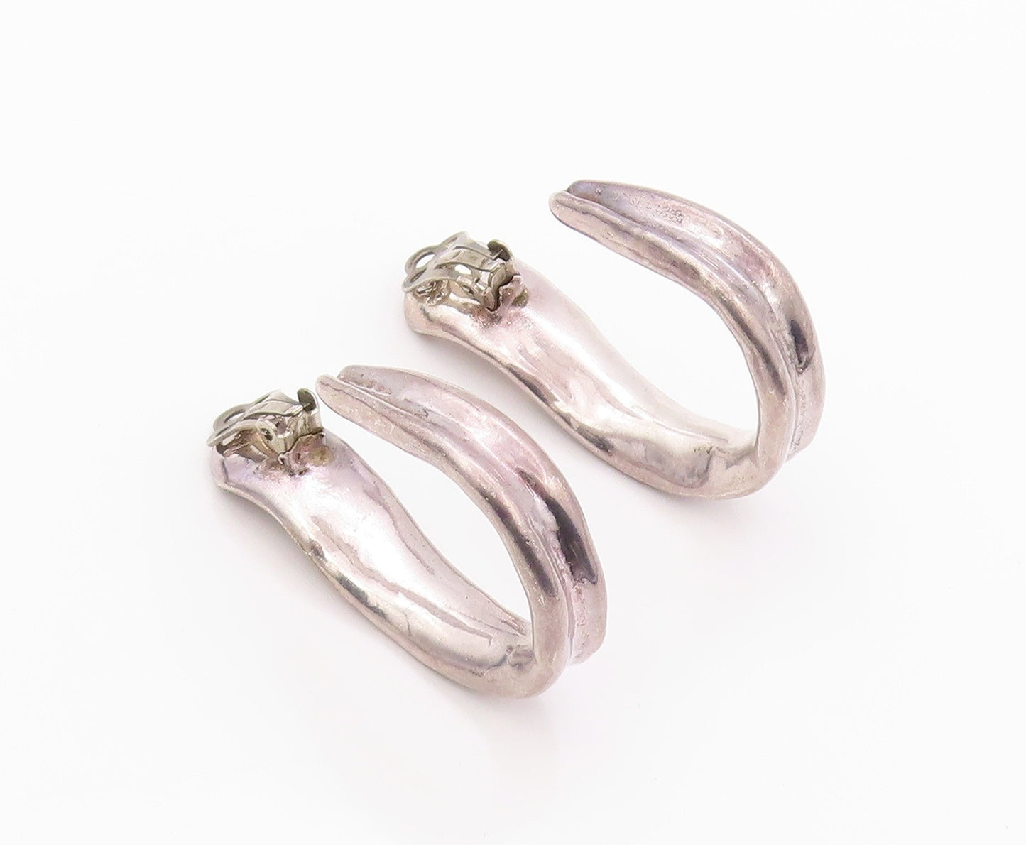 925 Sterling Silver Vintage Earrings BAT AMI Dark Tone Carved Open Hoops EG13474