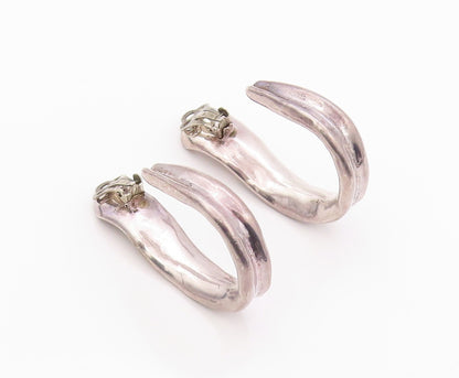925 Sterling Silver Vintage Earrings BAT AMI Dark Tone Carved Open Hoops EG13474