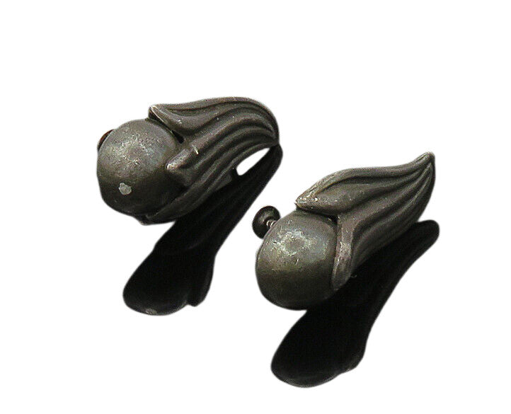 MEXICO 925 Silver  Vintage Oxidized Floral Non Pierce Dangle Earrings  EG10863