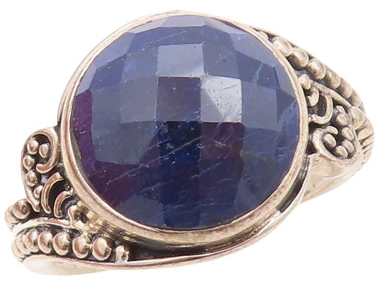 925 Sterling Silver Vintage Ring Bead Carved Round Cut Gemstone Sz 8  RG30205