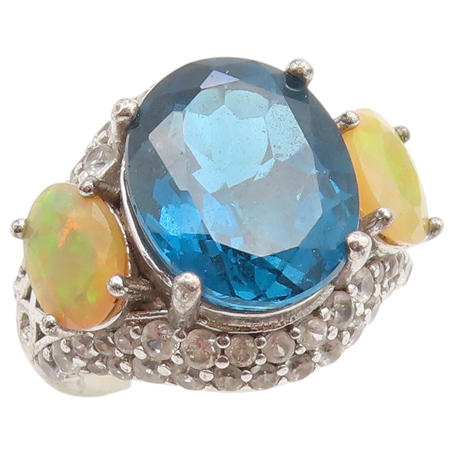 925 Sterling Silver Vintage Ring Blue Topaz & Opal Statement Band  Sz 4  RG36844