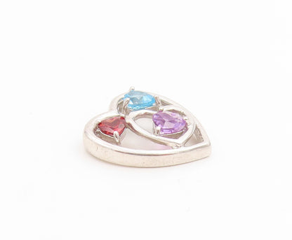 925 Sterling Silver Vintage Pendant Tri Gemstone Dual Love Heart Charm  PT25217