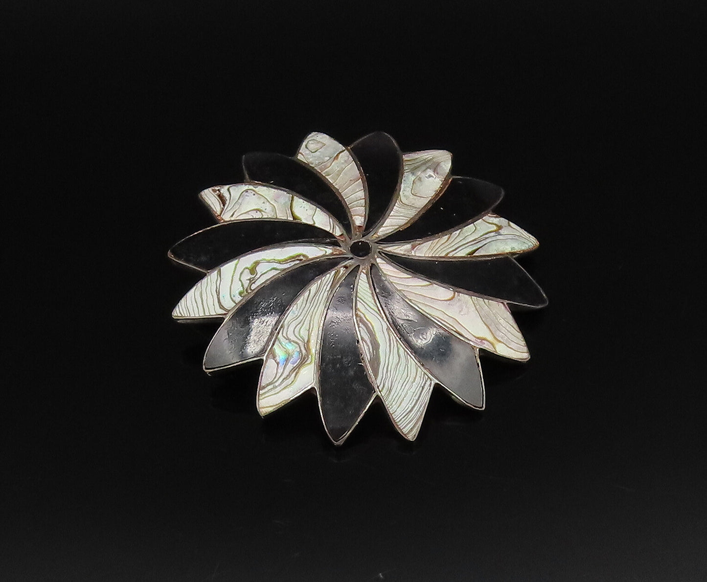 MEXICO 925 Silver  Vintage Black Onyx & Abalone Fidget Dome Brooch Pin  BP9993