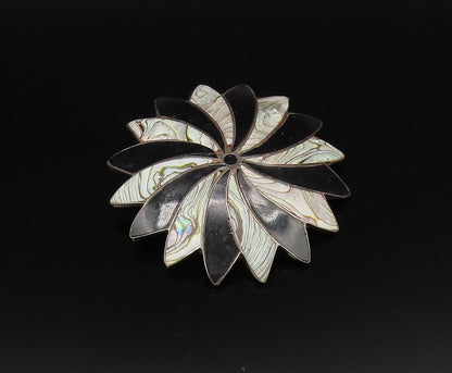 MEXICO 925 Silver  Vintage Black Onyx & Abalone Fidget Dome Brooch Pin  BP9993