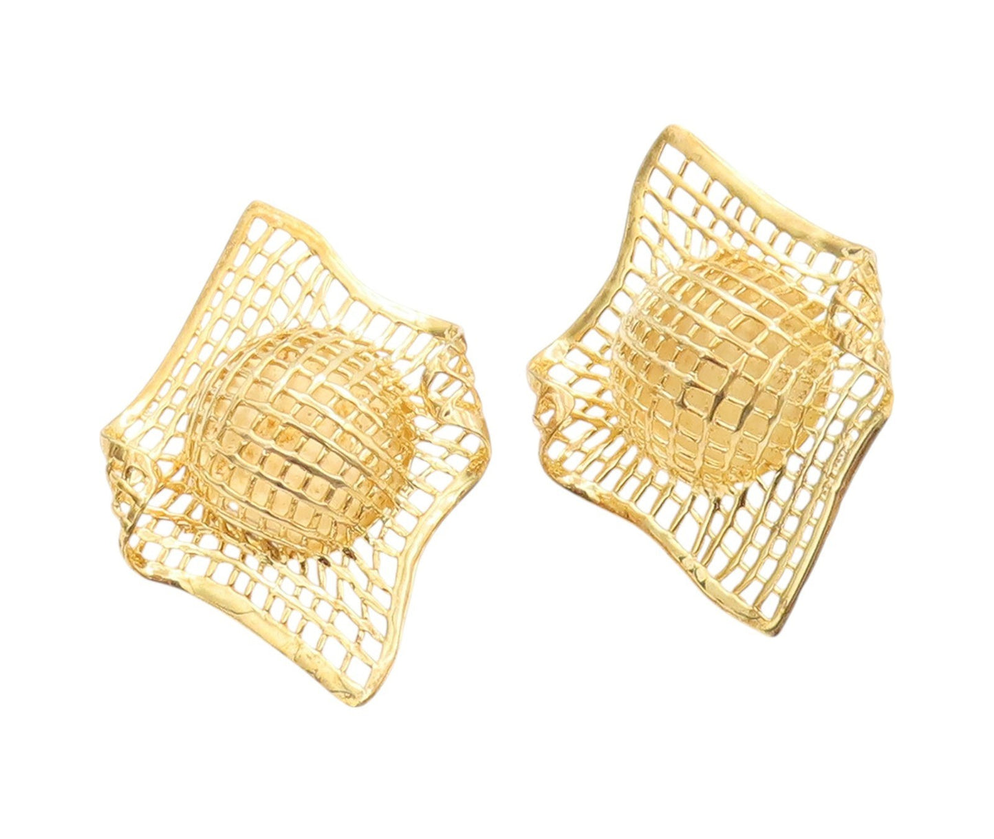 925 Sterling Silver Vintage Earrings Gold Plated Designer Mesh & Sphere  EG13514