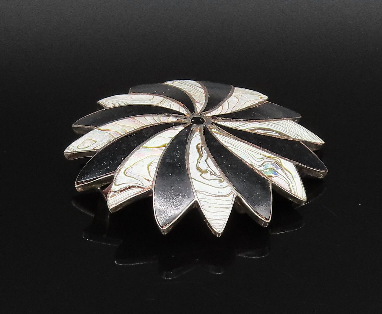 MEXICO 925 Silver  Vintage Black Onyx & Abalone Fidget Dome Brooch Pin  BP9993
