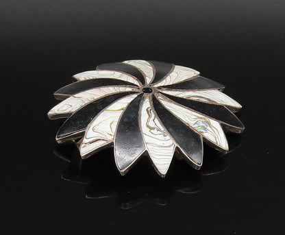 MEXICO 925 Silver  Vintage Black Onyx & Abalone Fidget Dome Brooch Pin  BP9993