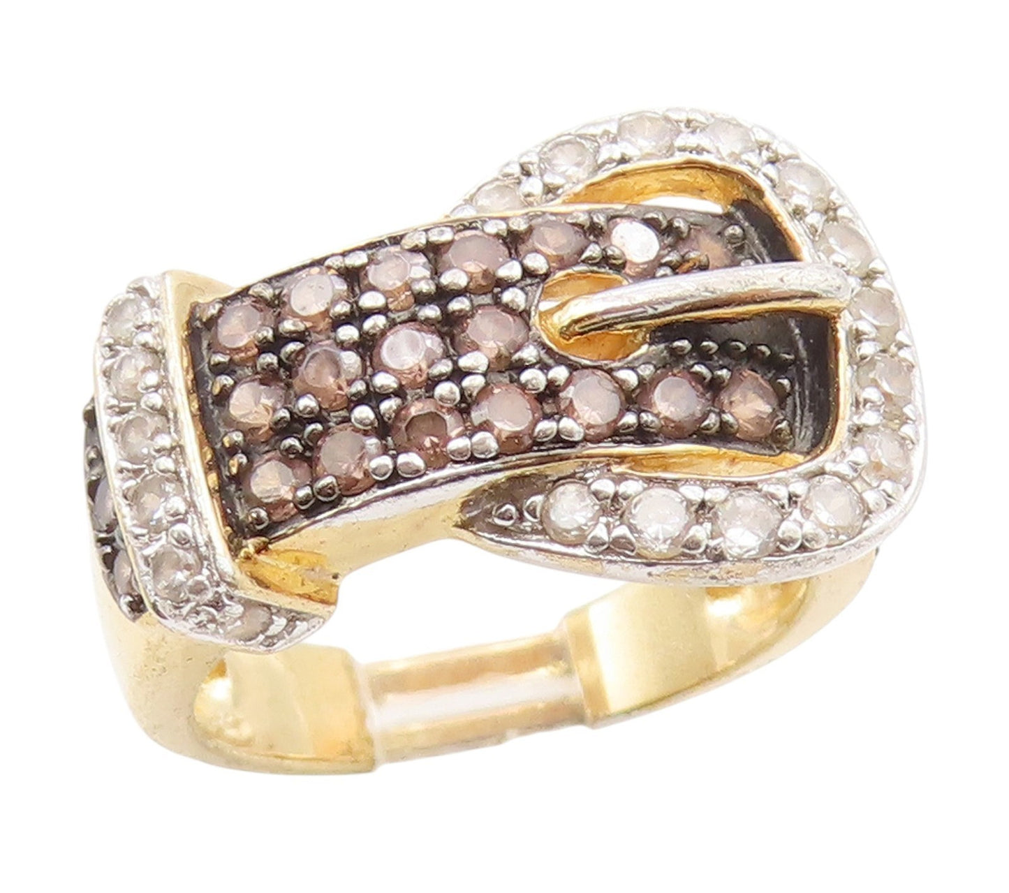 925 Sterling Silver Vintage Ring Gold Plated CZ Belt Buckle Design Sz 6 RG34650