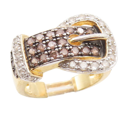 925 Sterling Silver Vintage Ring Gold Plated CZ Belt Buckle Design Sz 6 RG34650