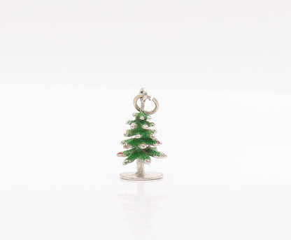 925 Sterling Silver Vintage Pendant 3D Carved Enameled Christmas Tree  PT23119