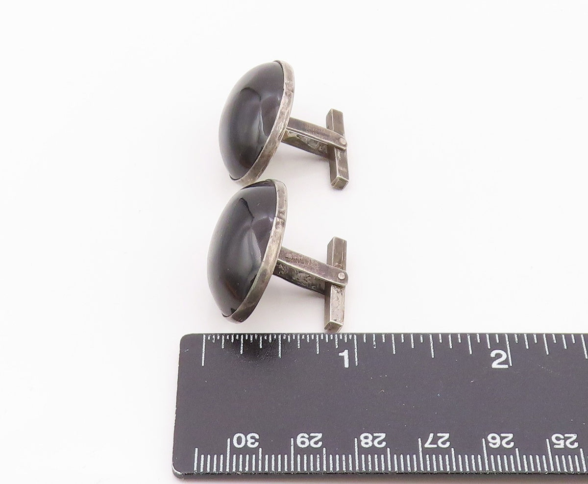 MEXICO 925 Silver  Vintage Cabochon Cut Black Onyx Oval Cuff Links  TR1833