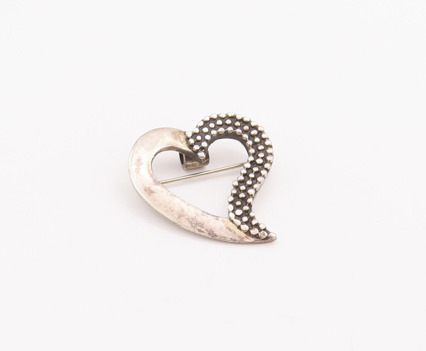 925 Sterling Silver Vintage Brooch Pin Minimalist Beaded Carved Heart  BP10934