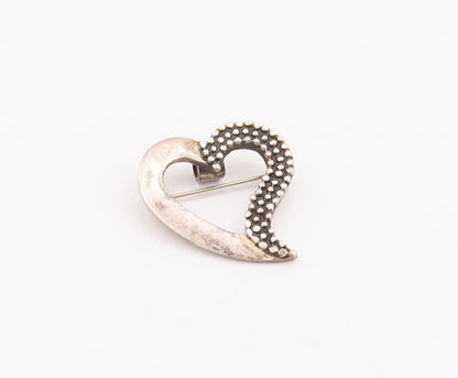 925 Sterling Silver Vintage Brooch Pin Minimalist Beaded Carved Heart  BP10934
