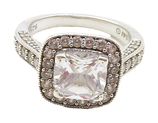 925 Sterling Silver  Cubic Zirconia Solitaire With Accents Ring Sz 7  RG9452