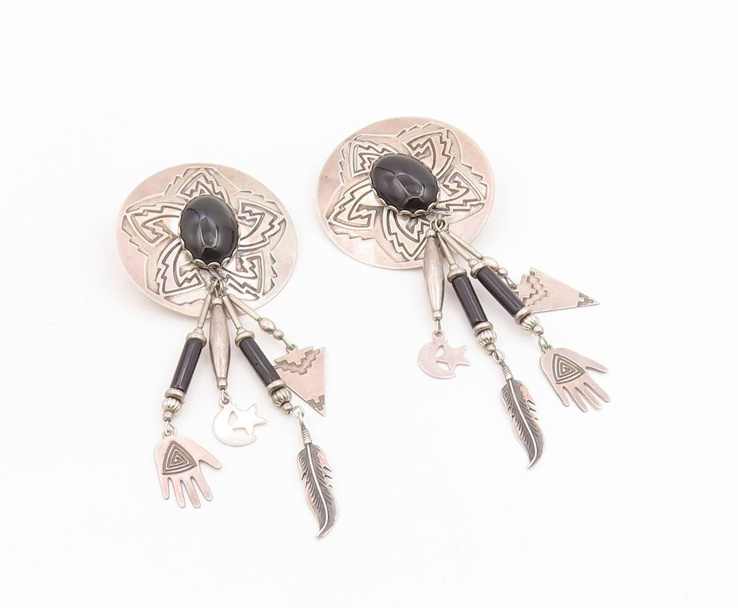 925 Sterling Silver Vintage Earrings DEBORAH WEST Black Onyx Dangles  EG14064
