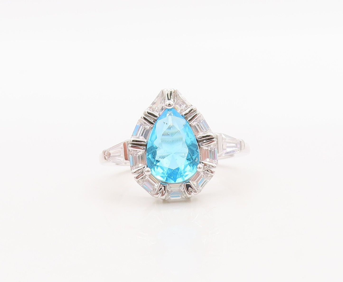 925 Sterling Silver Vintage Ring Drop Cut Blue Topaz Halo CZ  Sz 7  RG29649