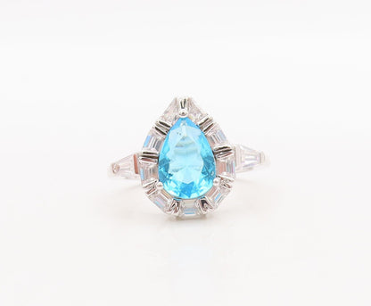 925 Sterling Silver Vintage Ring Drop Cut Blue Topaz Halo CZ  Sz 7  RG29649